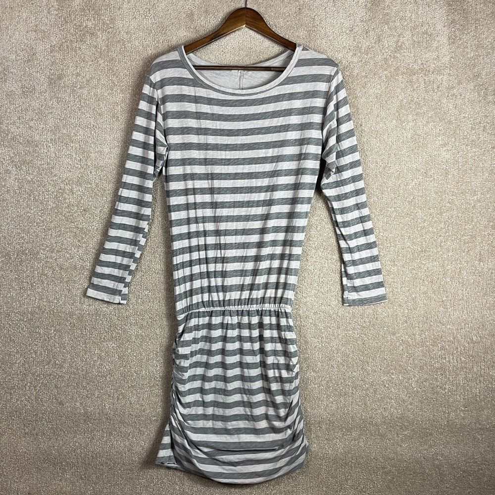 Sundry Sheath Dress Womens Size 3 L Gray Striped Long Sleeve Stretch Side Ruched - Picture 2 of 10